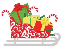 slitta di Babbo Natale dipinta di rosso piena di regali. illustrazione vettoriale isolato su uno sfondo bianco.