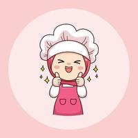 carino e kawaii hijab donna chef o fornaio con pollice in alto cartone animato manga chibi vettore personaggio design