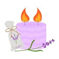 candela e borsa con profumo di lavanda.illustrazione vettoriale isolata su sfondo bianco