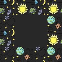 modello di spazio senza soluzione di continuità con posto per il testo. sfondo del cosmo. doodle illustrazione dello spazio vettoriale con pianeti, cometa, stelle, luna, sole e buco nero