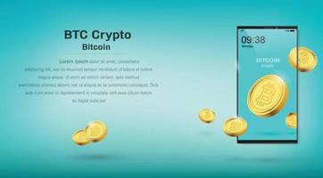 valuta cripto, criptovaluta bitcoin su cellulare, sfondo blu. banner vettoriale