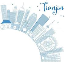 delinea lo skyline di tianjin con edifici blu e copia spazio. vettore
