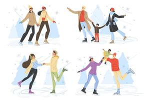 persone che pattinano sul ghiaccio sul set di scene invernali della famiglia della pista di pattinaggio vettore