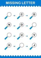 lettera mancante con lente d'ingrandimento. foglio di lavoro per bambini vettore