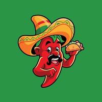 carattere messicano del peperoncino che tiene l'illustrazione di vettore dei tacos