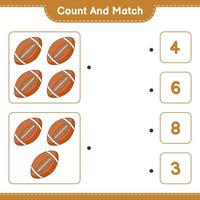 conta e abbina, conta il numero di palloni da rugby e abbina con i numeri giusti. gioco educativo per bambini, foglio di lavoro stampabile, illustrazione vettoriale