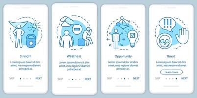 modello vettoriale dello schermo della pagina dell'app mobile di onboarding blu di analisi swot. punti di forza, debolezza, opportunità, minacce dettagliate del sito Web con illustrazioni lineari. Interfaccia per smartphone ux, ui, gui