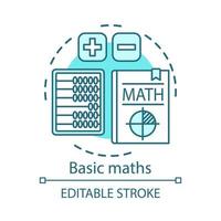 icona del concetto di lezione di matematica di base. libro di testo, abaco. illustrazione della linea sottile dell'idea dei corsi di matematica, addizione e sottrazione della scuola primaria. disegno di contorno isolato vettoriale. tratto modificabile vettore