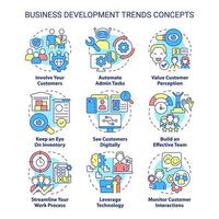 set di icone di concetto di tendenze di sviluppo aziendale. innovazioni e prospettive idee illustrazioni a colori a linee sottili. simboli isolati. tratto modificabile. vettore