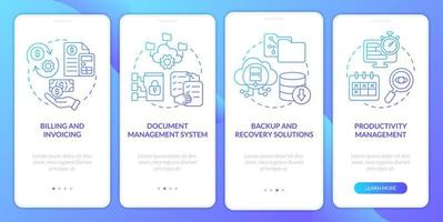 strumenti per lo schermo dell'app mobile onboarding gradiente blu sul posto di lavoro online. procedura dettagliata 4 passaggi pagine di istruzioni grafiche con concetti lineari. ui, ux, modello gui. vettore