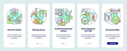 mantenere il peso dopo la dieta onboarding schermo dell'app mobile. procedura dettagliata 5 passaggi pagine di istruzioni grafiche con concetti lineari. ui, ux, modello gui. vettore