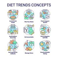 set di icone di concetto di tendenze di dieta. stile di vita sano e alimentazione. illustrazione a colori di linea sottile di idea di controllo del peso. simboli isolati. tratto modificabile. vettore