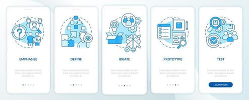 processo di pensiero progettuale schermata dell'app mobile di onboarding blu. guida allo sviluppo 5 passaggi pagine di istruzioni grafiche con concetti lineari. ui, ux, modello gui. vettore