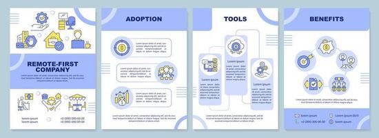 modello di brochure viola remoto-first. sviluppo aziendale. design volantino con icone lineari. 4 layout vettoriali per la presentazione, relazioni annuali.