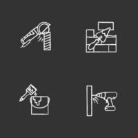 strumenti di costruzione gesso icone impostate. smerigliatrice angolare, muro di mattoni con pala triangolare, secchio con pennello, trapano a batteria. illustrazioni di lavagna vettoriali isolate