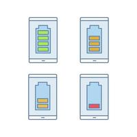 set di icone a colori per la ricarica della batteria dello smartphone. indicatore del livello della batteria del telefono cellulare. carica media, bassa e alta. illustrazioni vettoriali isolate