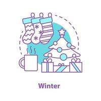 icona del concetto di vacanze invernali. idea di capodanno e natale. illustrazione al tratto sottile. abete, regali, calze di natale, bevanda calda. disegno di contorno isolato vettoriale