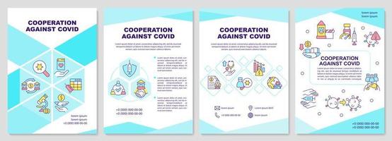 cooperazione contro il modello di brochure blu covid. medicina globale. design volantino con icone lineari. 4 layout vettoriali per la presentazione, relazioni annuali.