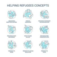 aiutare i rifugiati set di icone di concetto turchese. idee di assistenza per richiedenti asilo internazionali illustrazioni a colori a linea sottile. simboli isolati. tratto modificabile. vettore
