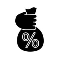 borsa a mano con icona glifo percentuale. offerta di sconto. percentuale di vendita. simbolo della sagoma. spazio negativo. illustrazione vettoriale isolato