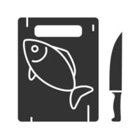 tagliere con icona glifo pesce e coltello. simbolo della sagoma. spazio negativo. illustrazione vettoriale isolato