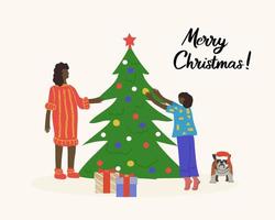 biglietto di auguri di buon natale. felice famiglia afro-americana che decora l'albero di natale vettore