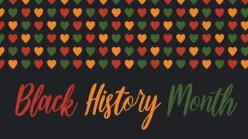 banner vettoriale mese della storia nera - celebrazione negli Stati Uniti, logo del mese afroamericano. modello con cuori in colori africani - rosso, verde, giallo su sfondo nero