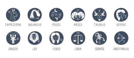 insieme vettoriale di segni zodiacali. simboli 12 segni con iscrizioni sul cielo blu. immagini vettoriali di segni zodiacali per astrologia e oroscopi.