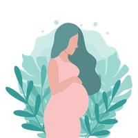 una donna incinta felice si tiene lo stomaco. gravidanza. felice gravidanza. illustrazione del fumetto vettoriale piatto.