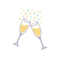 bicchieri con icona di champagne e fiocchi di neve. stile doodle disegnato a mano. , minimalismo. vacanze, festa di capodanno saluti per le vacanze vettore