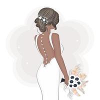 sposa in abito da sposa e bouquet in stile boho, illustrazione vettoriale di moda, invito, cartolina
