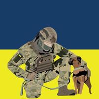 soldato ucraino con cane. bandiera ucraina. forze di terra dell'ucraina. trama kaki, esercito militare. illustrazione del fumetto di vettore. vettore