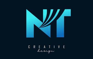 logo creativo lettere blu nt nt con linee guida e concept design stradale. lettere con disegno geometrico. vettore