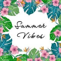 vibrazioni estive. design volantino tropicale verde estivo con fiori tropicali e foglie di monstera. disegno del telaio. copia spazio vettore