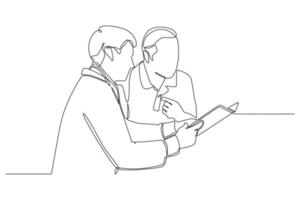 un singolo paziente maschio che disegna una linea sta consultando un medico per quanto riguarda la sua malattia. bisogno di un concetto medico. illustrazione vettoriale grafica di disegno a linea continua.
