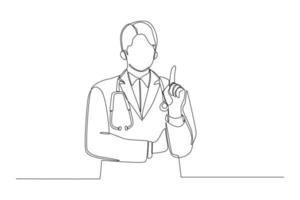 singolo disegno a tratteggio medico uomo che indossa uno stetoscopio e mostra e punta verso l'alto con il dito numero uno. bisogno di un concetto medico. illustrazione vettoriale grafica di disegno a linea continua.