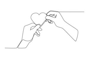 una sola linea disegnando la mano dà il simbolo del cuore all'altra mano. concetto di giornata mondiale della carità. illustrazione vettoriale grafica di disegno a linea continua.