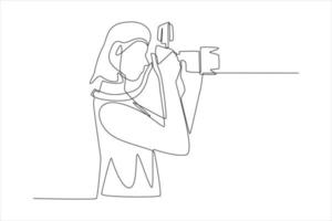 una linea continua di disegno fotografo femminile che tiene la macchina fotografica che scatta foto. concetto di giornata mondiale della foto. illustrazione grafica vettoriale di disegno a linea singola.