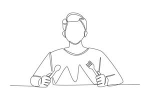 un ragazzo continuo che disegna una linea in attesa di mangiare. tenendo in mano un cucchiaio e una forchetta. concetto di attività alimentare. illustrazione grafica vettoriale di disegno a linea singola.