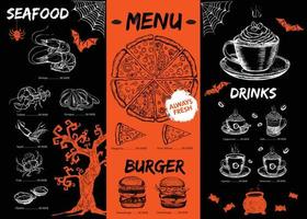 menu del ristorante del bar, design del modello, menu di halloween, volantino alimentare. vettore