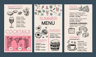 menu estivo, design del modello. volantino alimentare. stile disegnato a mano. illustrazione vettoriale.