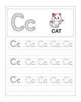 fogli di lavoro per la pratica del tracciamento dell'alfabeto colorato per bambini, c è per il gatto vettore