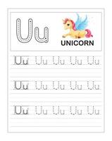 fogli di lavoro per la pratica del tracciamento dell'alfabeto colorato per bambini, u è per unicorno vettore