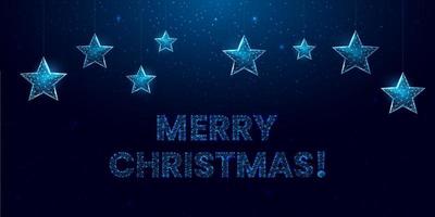 buon natale basso poli banner. illustrazione di rete wireframe poligonale con stelle di Natale appese. illustrazione vettoriale astratta moderna 3d su sfondo blu scuro.