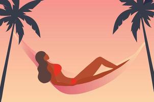 bella donna bikini sulla spiaggia tramonto palm sfondo illustrazione vettoriale. goditi il concetto di estate vettore