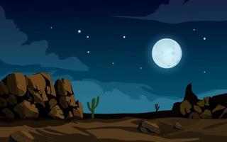 illustrazione di notte nel deserto con luna piena e rocce vettore