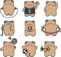 personaggio dei cartoni animati simpatico orso, sport, salto, basket, badminton, golf, pallavolo, yoga, calcio, allenamento con i pesi vettore