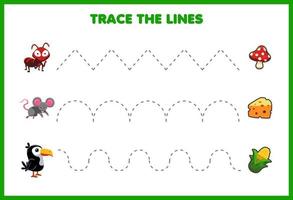 pratica della scrittura traccia le linee simpatici animali in cerca di cibo vettore