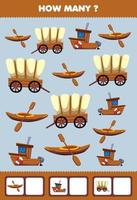 gioco educativo per bambini attività di ricerca e conteggio per la scuola materna quanti trasporti in legno nave kayak vagone vettore