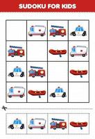 gioco educativo per bambini sudoku per bambini con immagine del trasporto di salvataggio dei cartoni animati vettore